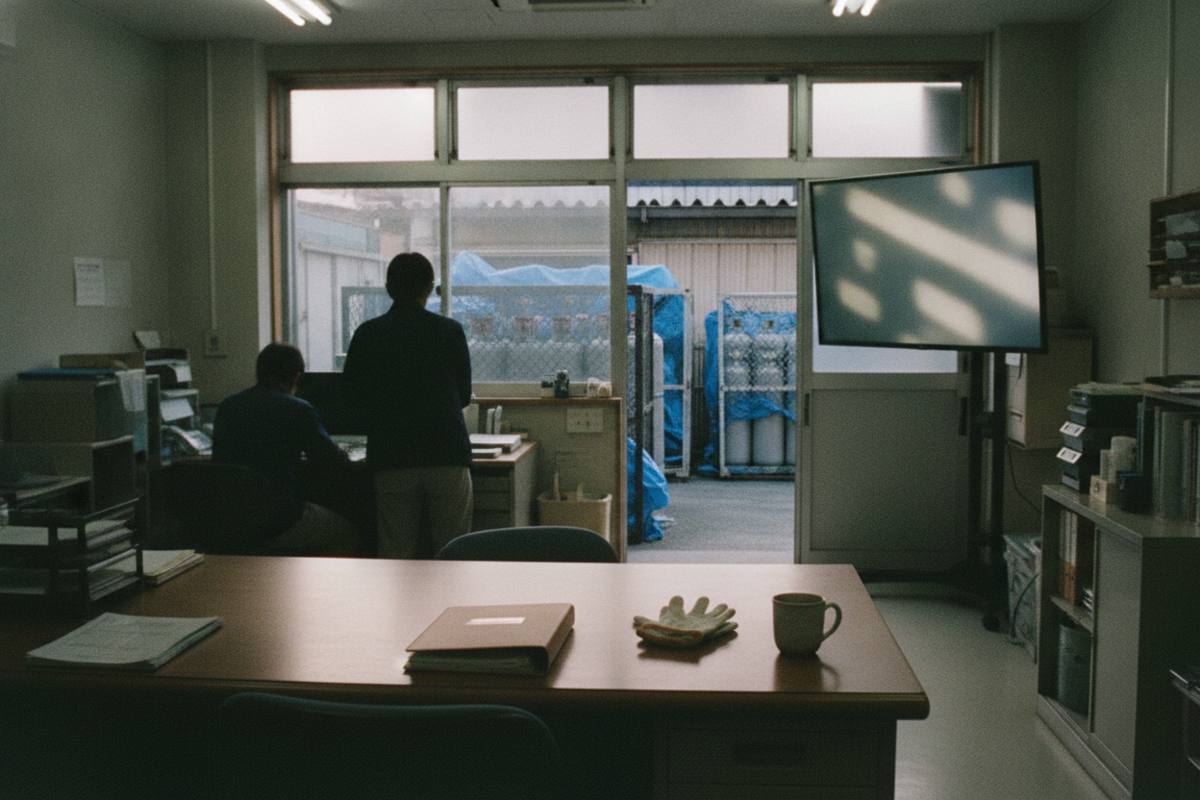 ガス販売店の事務机と屋外の保管設備