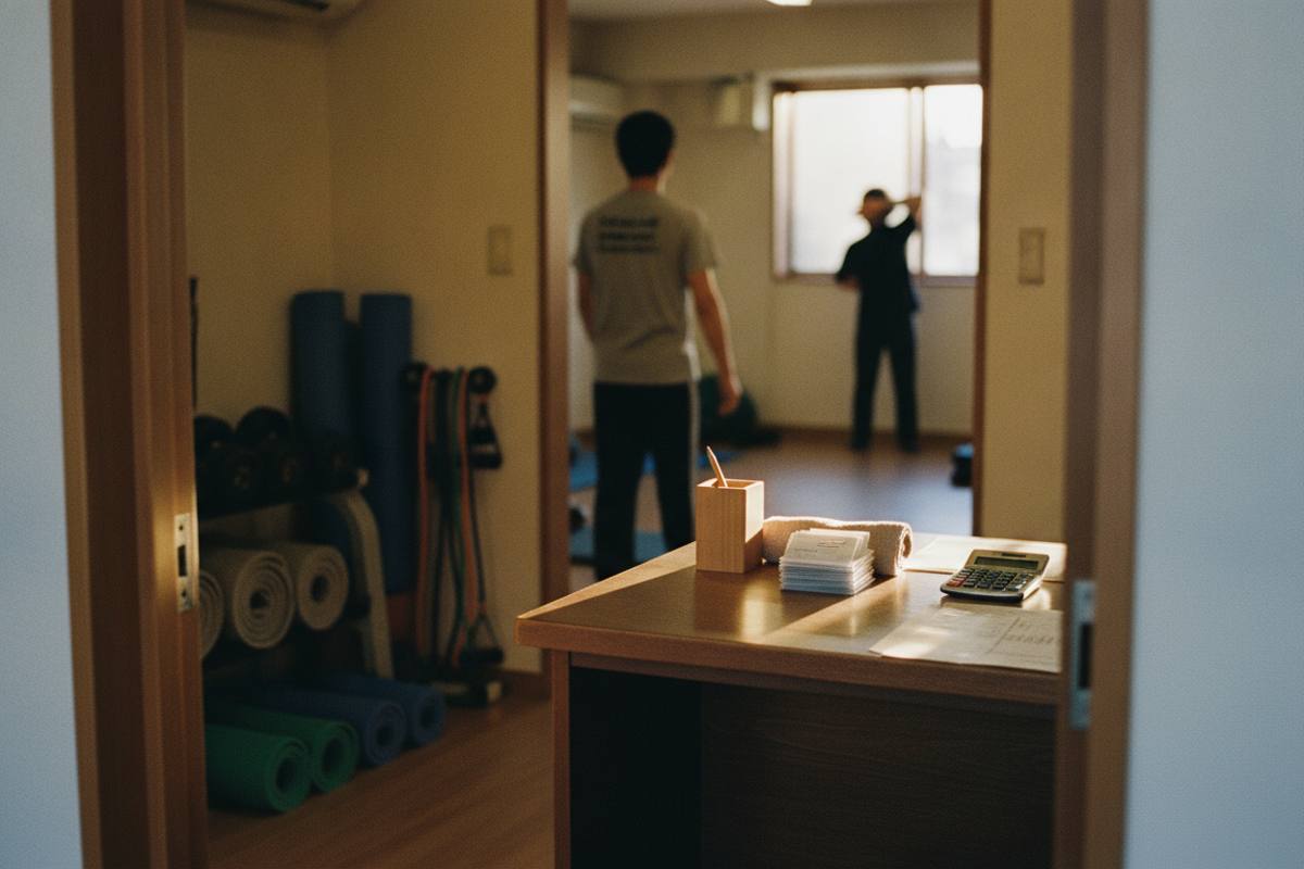 運動施設に並ぶマットとトレーニング器具