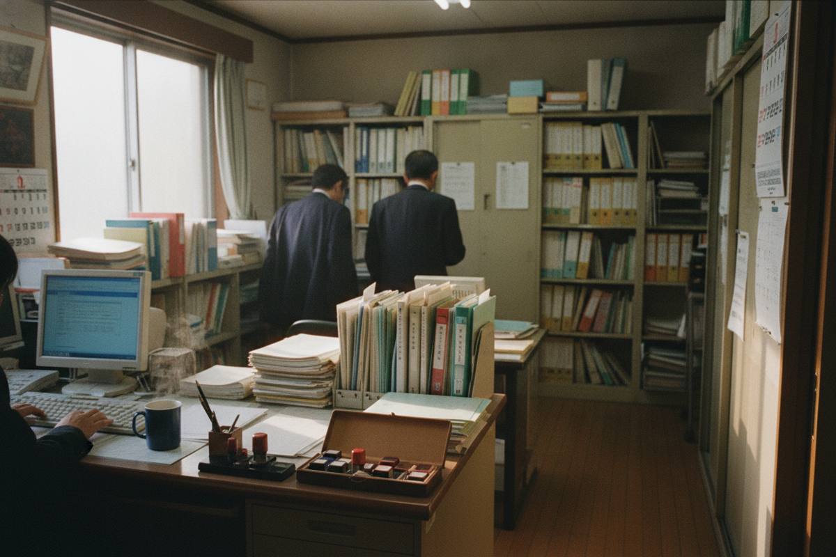 士業事務所の相談机と書類を収めた棚