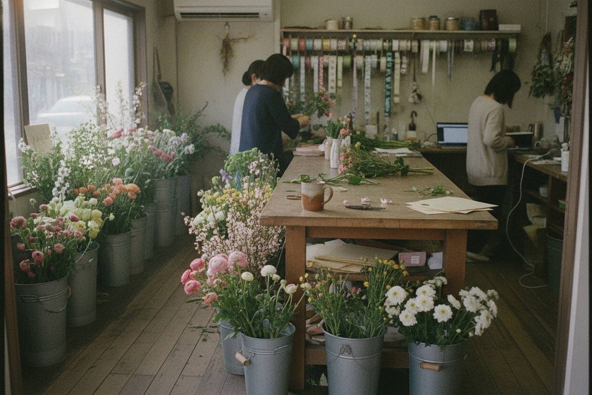花屋の作業台と切り花を入れたバケツ