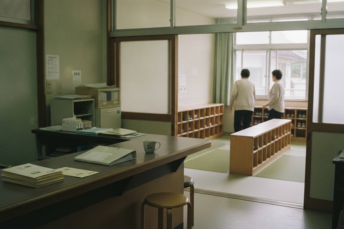 開園前の保育施設の受付と低い靴収納棚