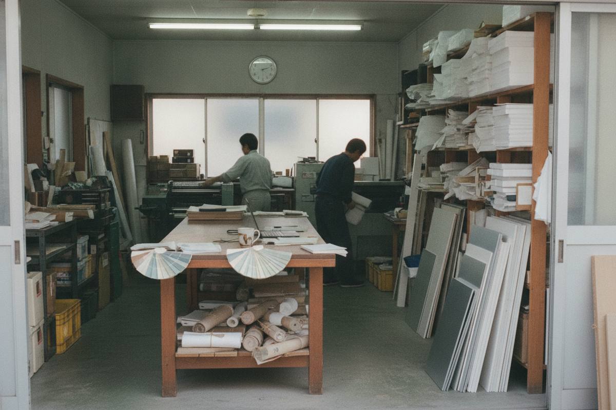 印刷工房の作業台と用紙束と無地の板材