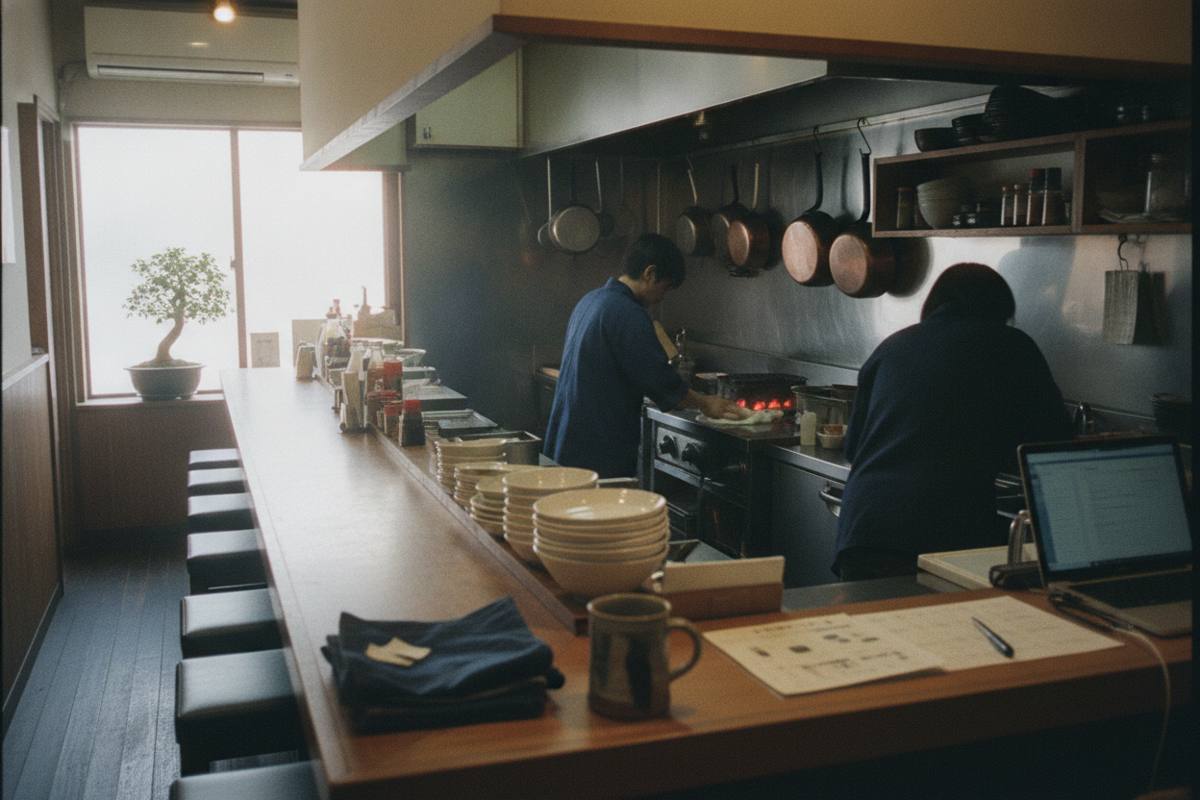 飲食店のカウンターと奥に見える厨房