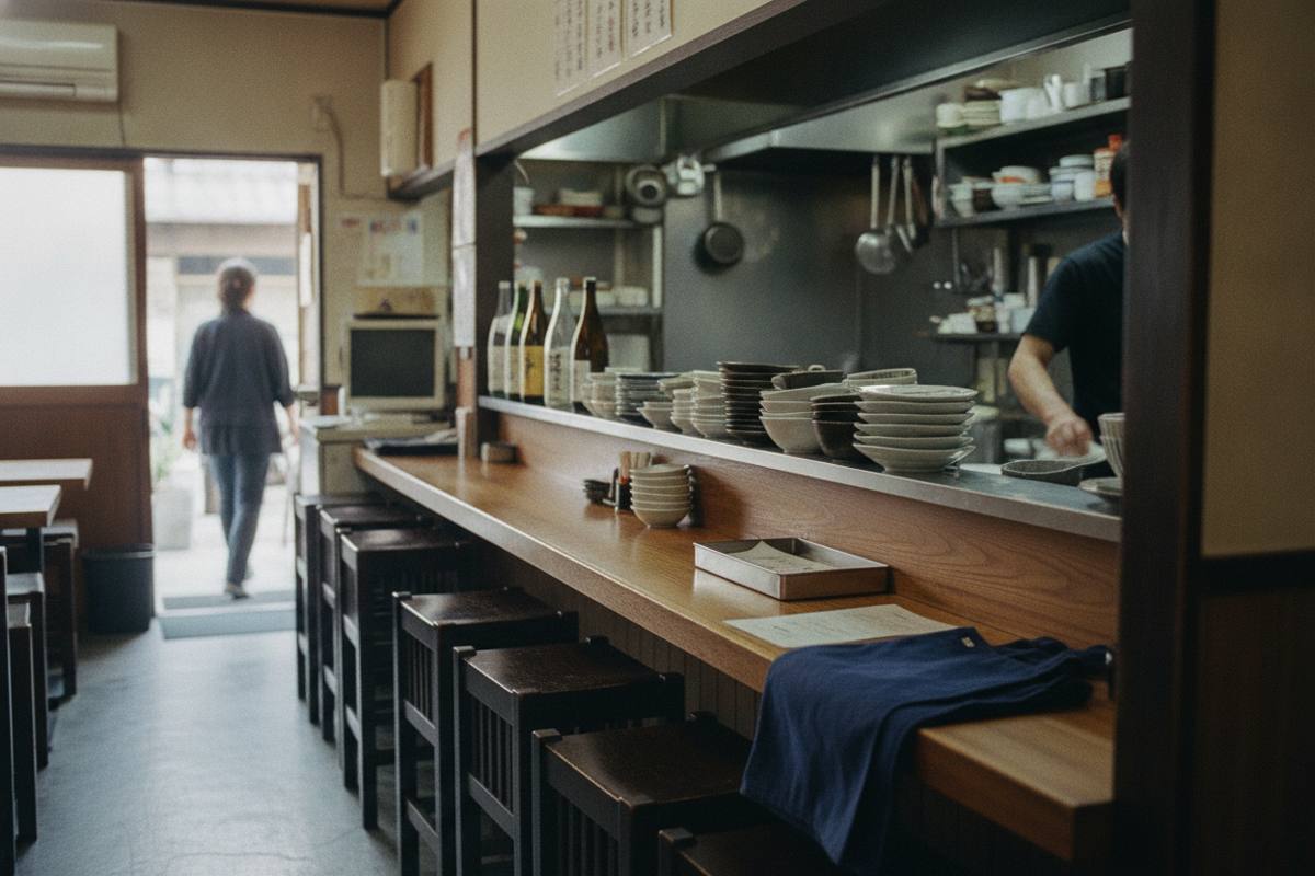 飲食店のカウンターと奥に見える厨房
