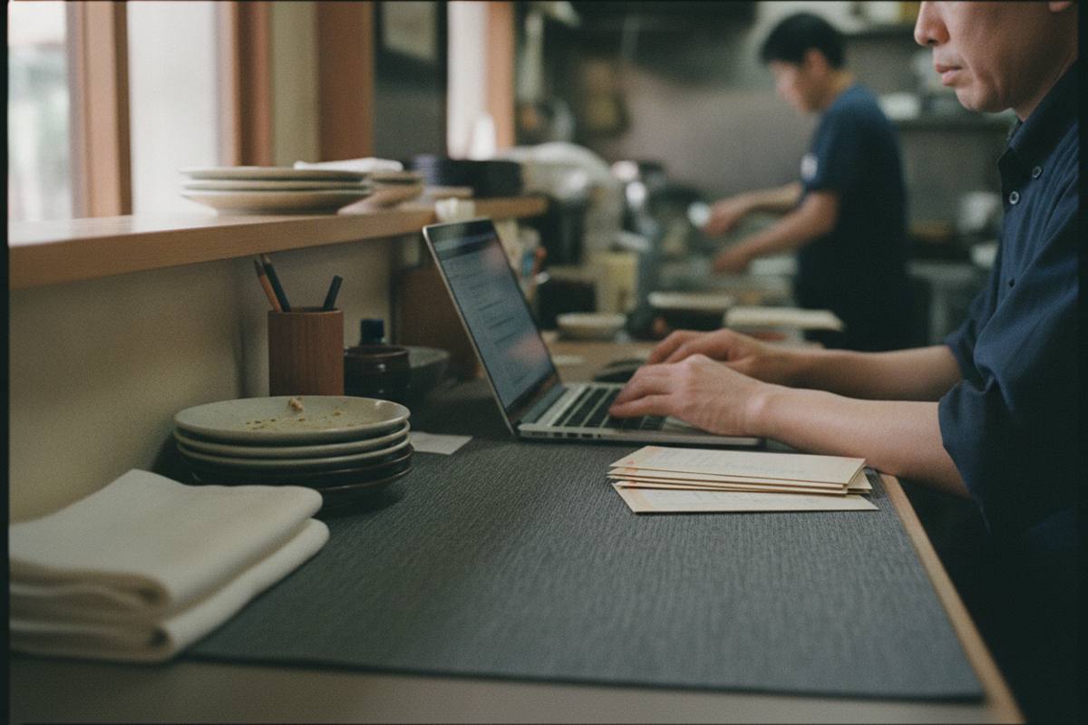 顧客資料と封筒を並べて入力する手元