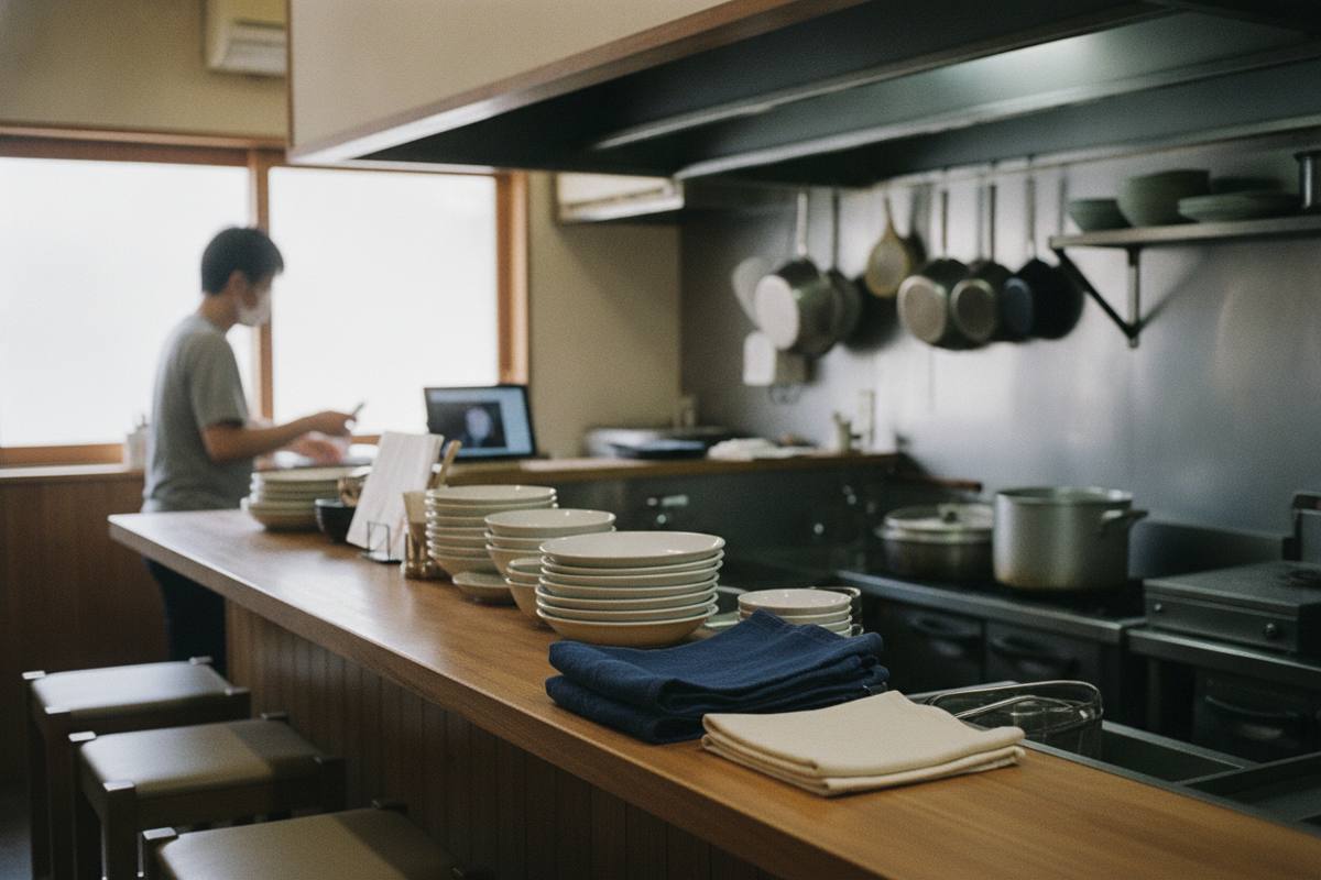 飲食店のカウンターと奥に見える厨房