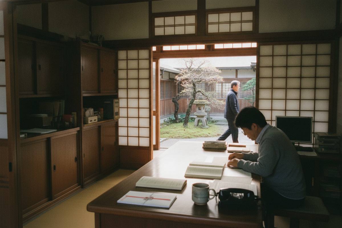 寺院の事務所にある木製の机と書類棚