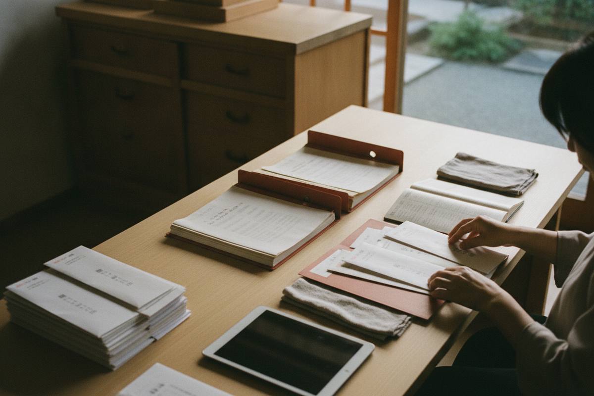 名簿の資料と連絡用の封筒を整理する手元