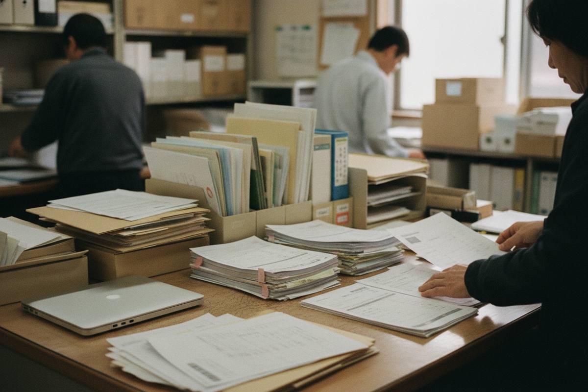 月末に受注票と納品書を仕分ける手元
