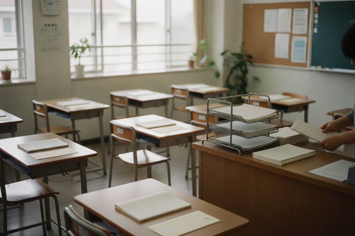 授業前の学習塾に並ぶ個別机と講師用机