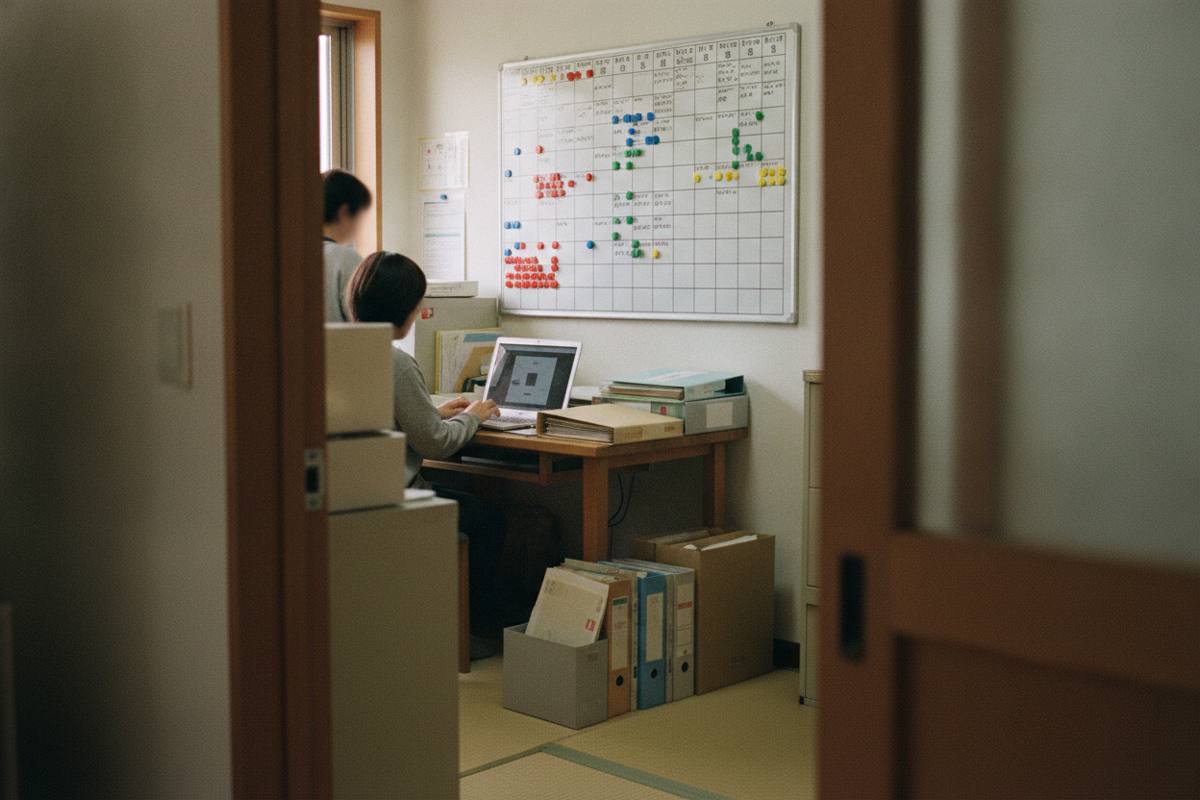 介護事業所の職員室とシフトのホワイトボード