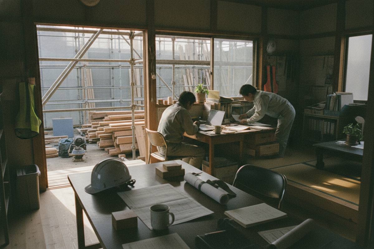 建設現場の仮設事務所と窓外の足場や木材