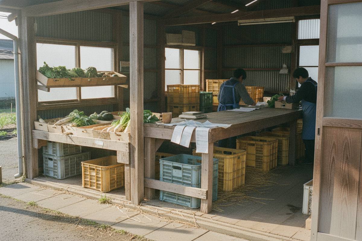 農園の出荷作業場と収穫物を入れた木箱