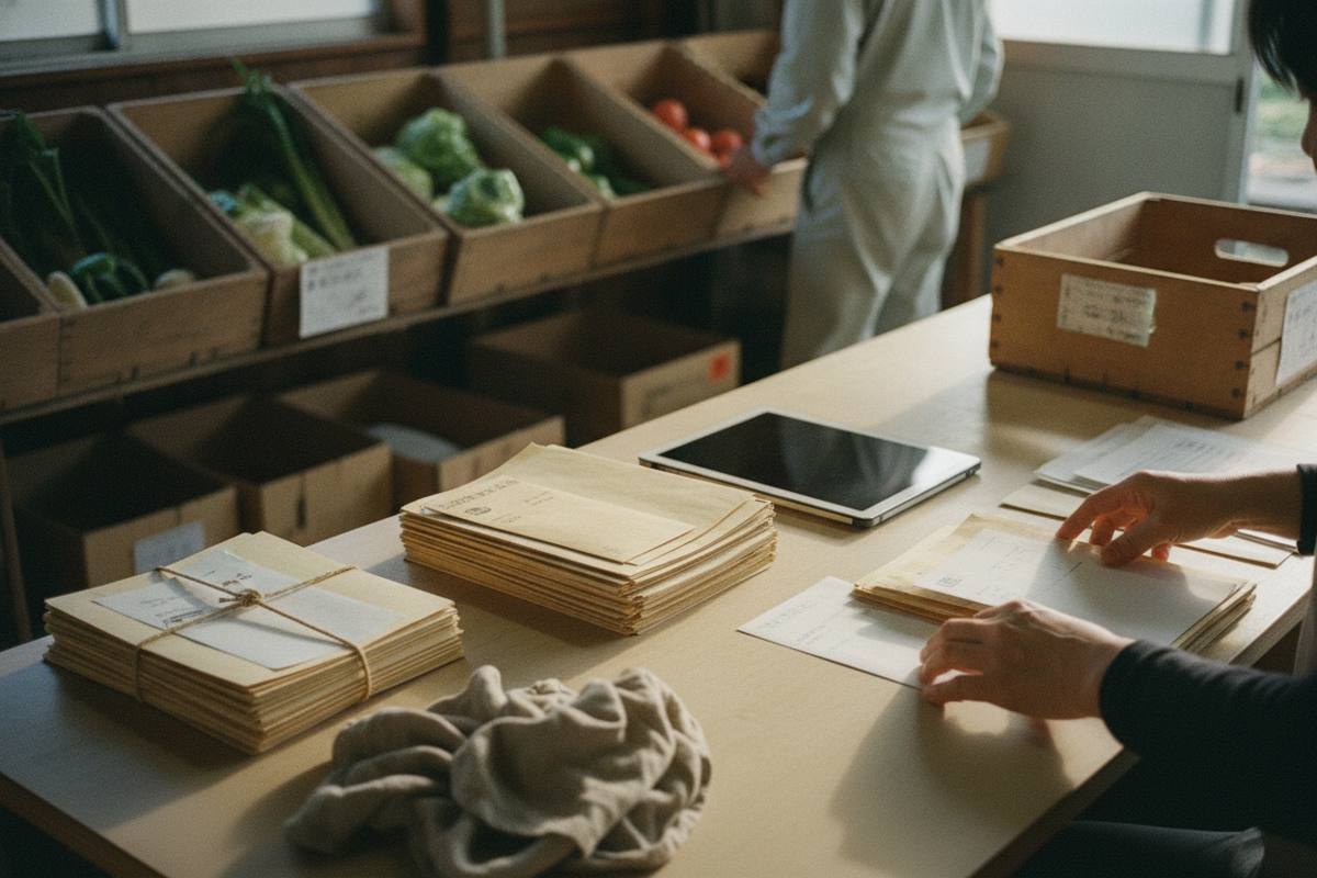 名簿の資料と連絡用の封筒を整理する手元