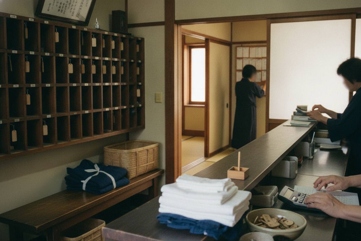 旅館の木製受付台と荷物を置くための長椅子