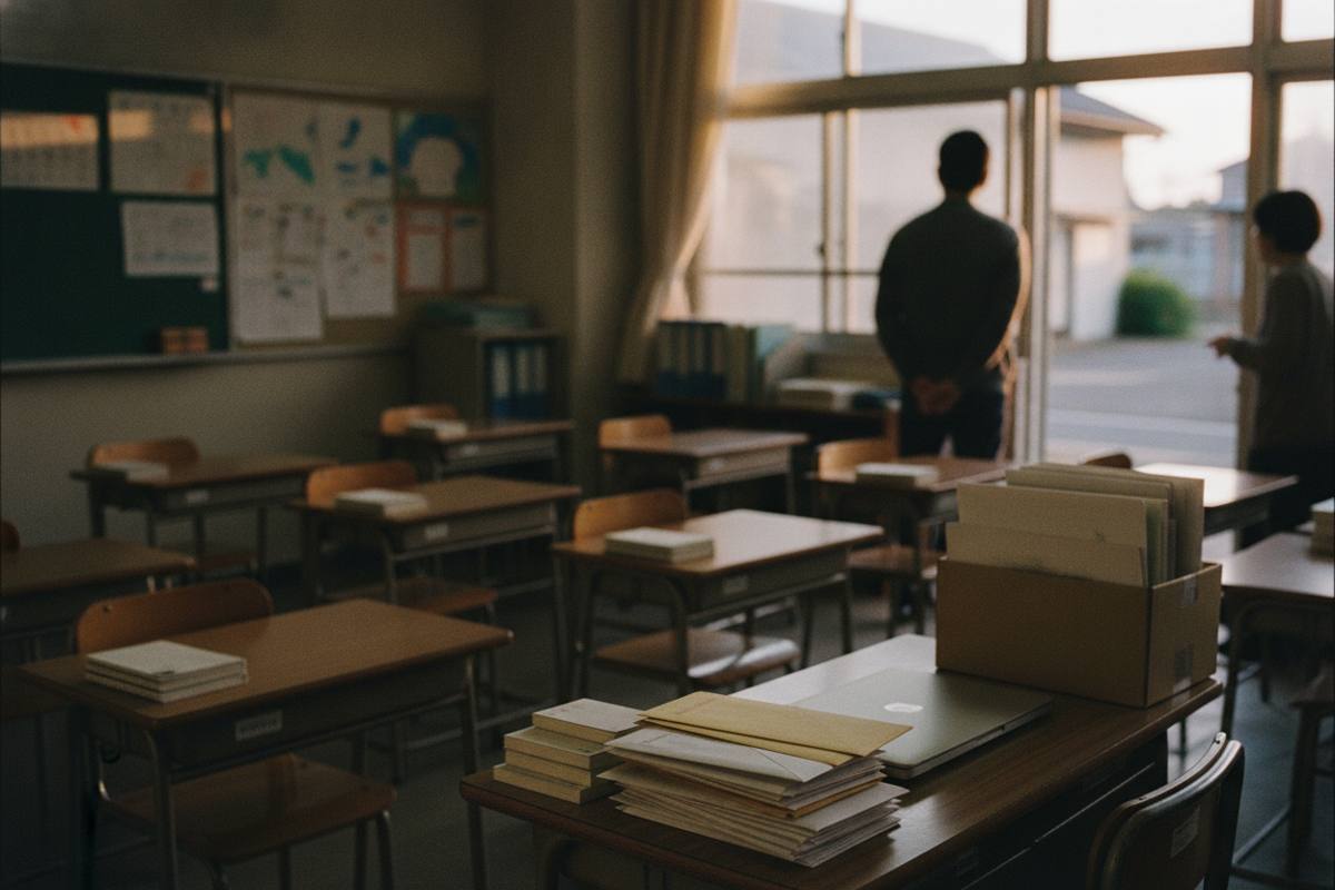教室の机と連絡用の封筒