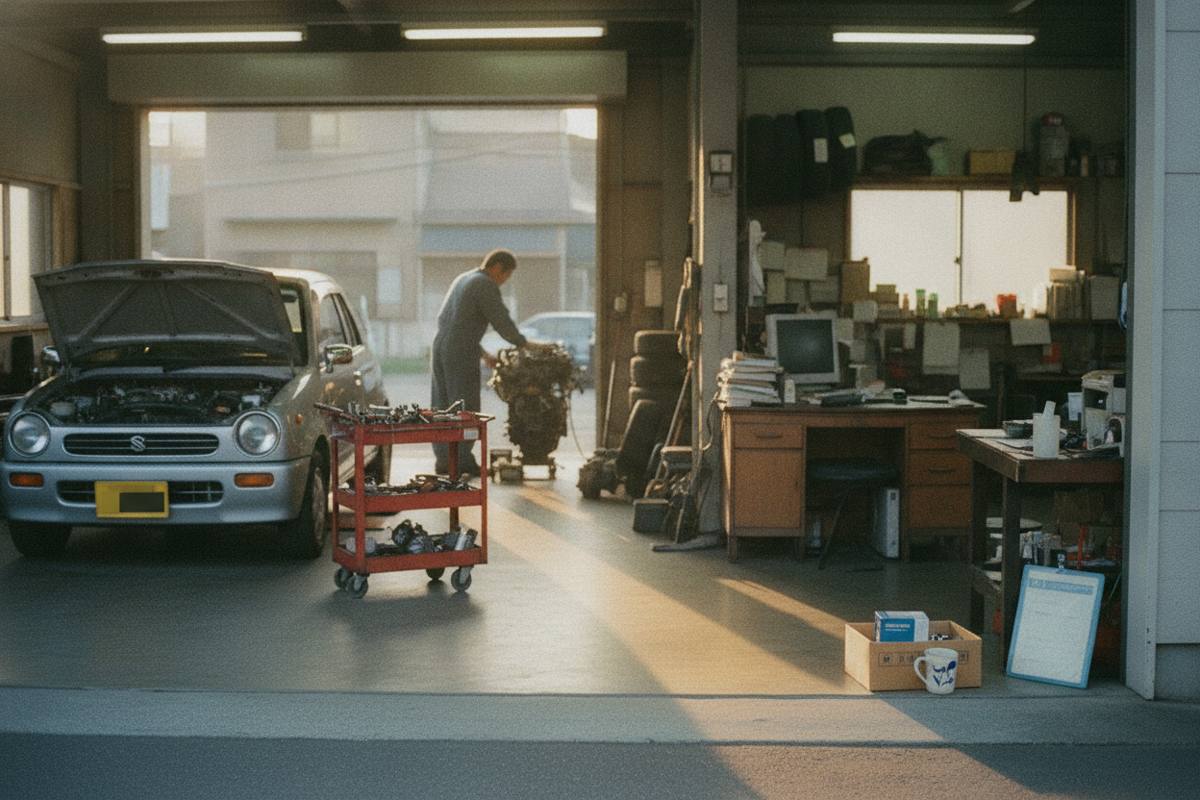 自動車整備工場の車両と工具を載せた台車