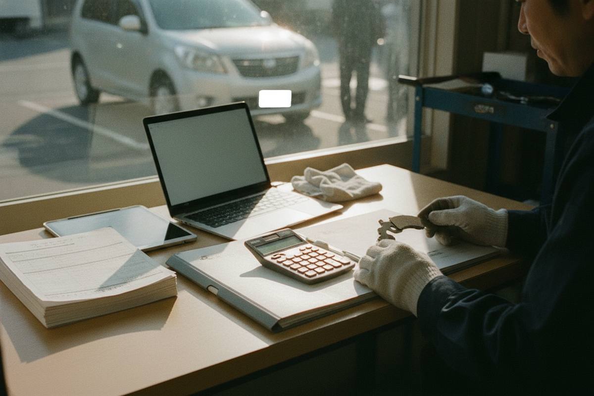 材料の資料と電卓を横に見積を作る手元