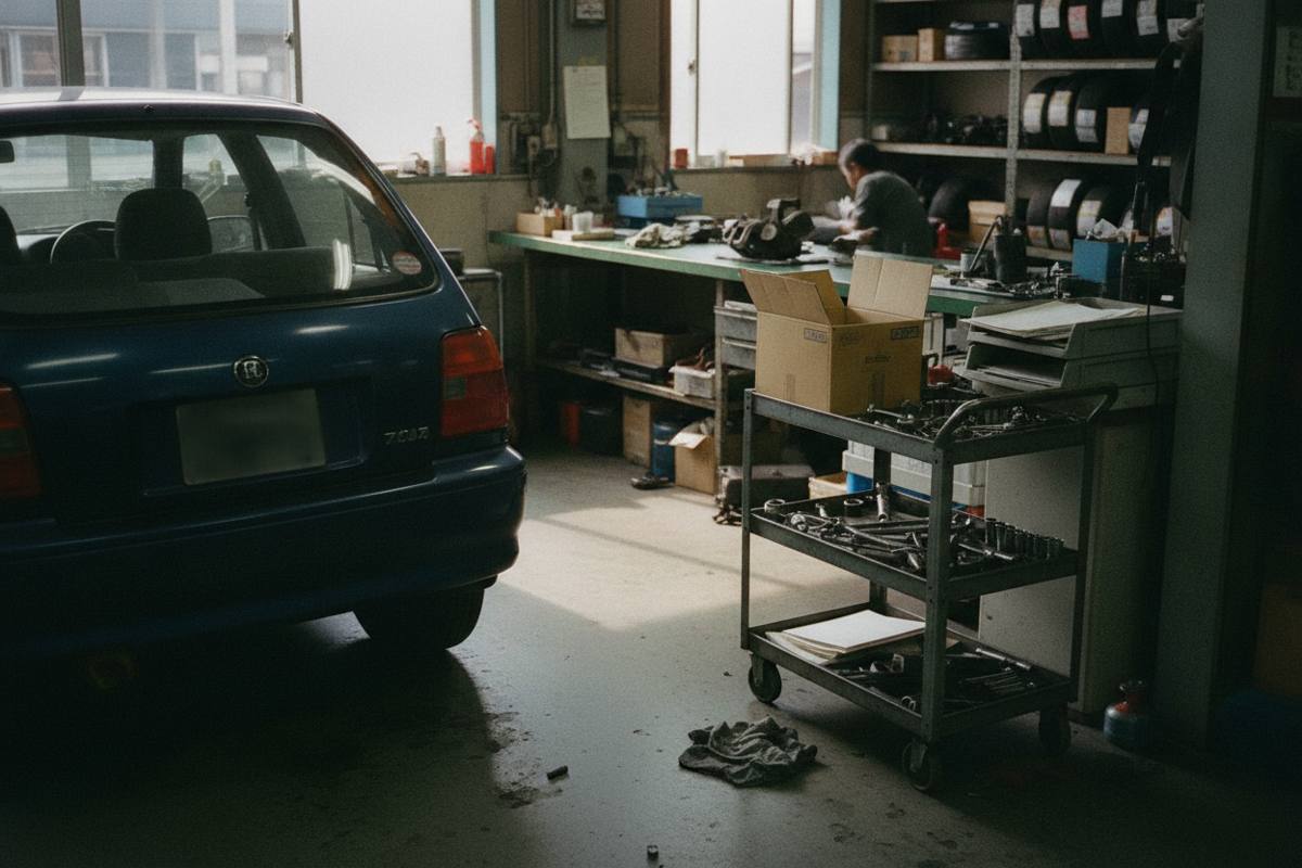自動車整備工場の車両と工具を載せた台車