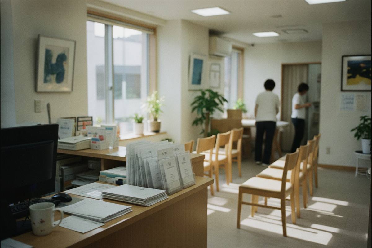 整骨院の受付カウンターと無人の待合席