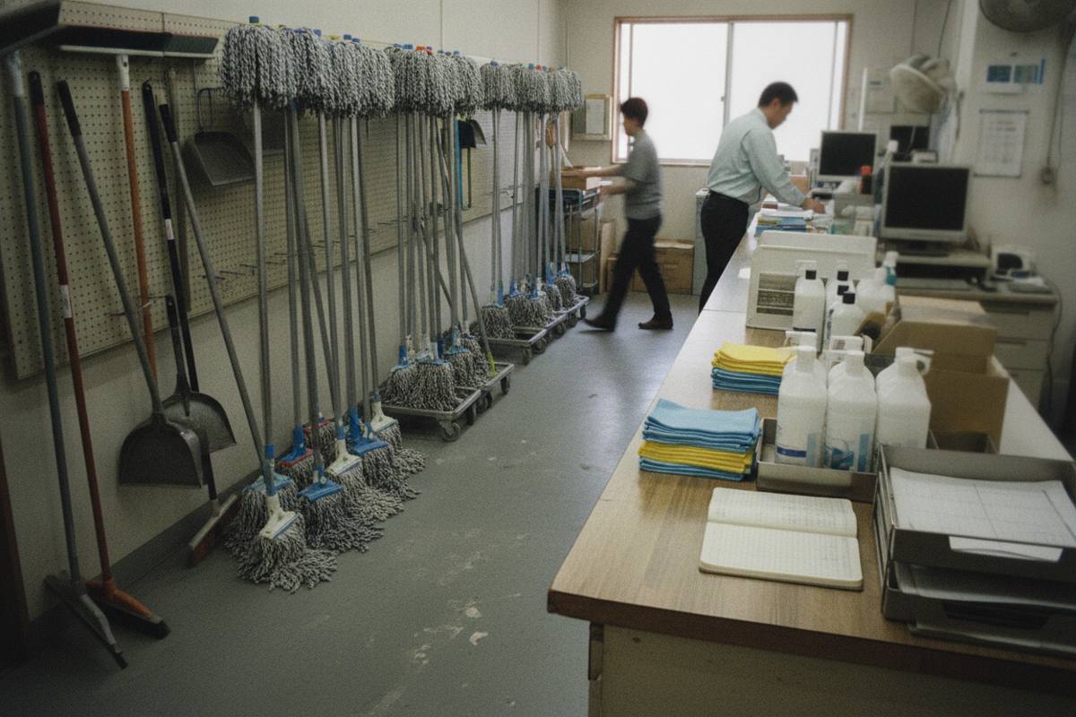清掃会社の用具置場に並ぶ台車とモップ