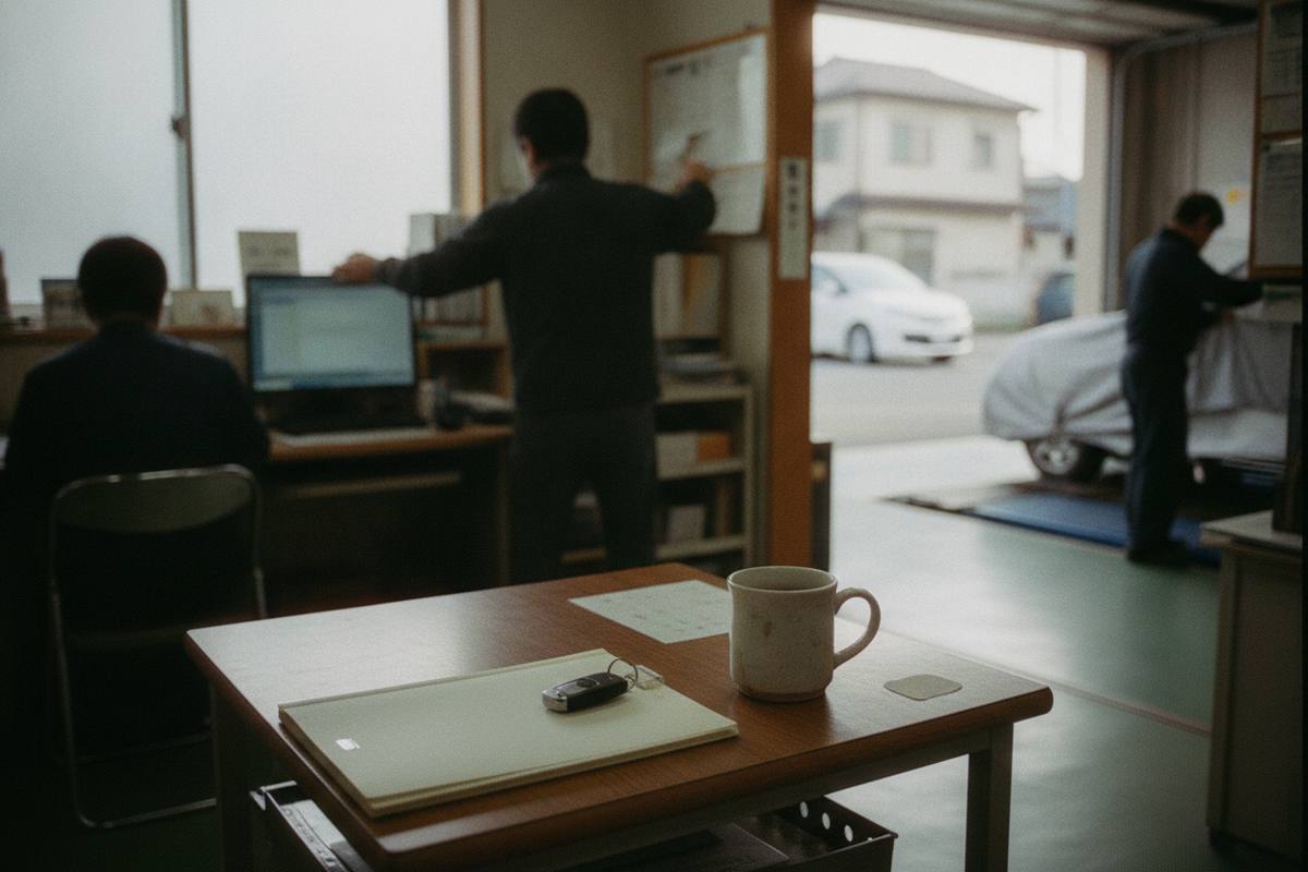 車検受付のカウンターと隣接する整備区画