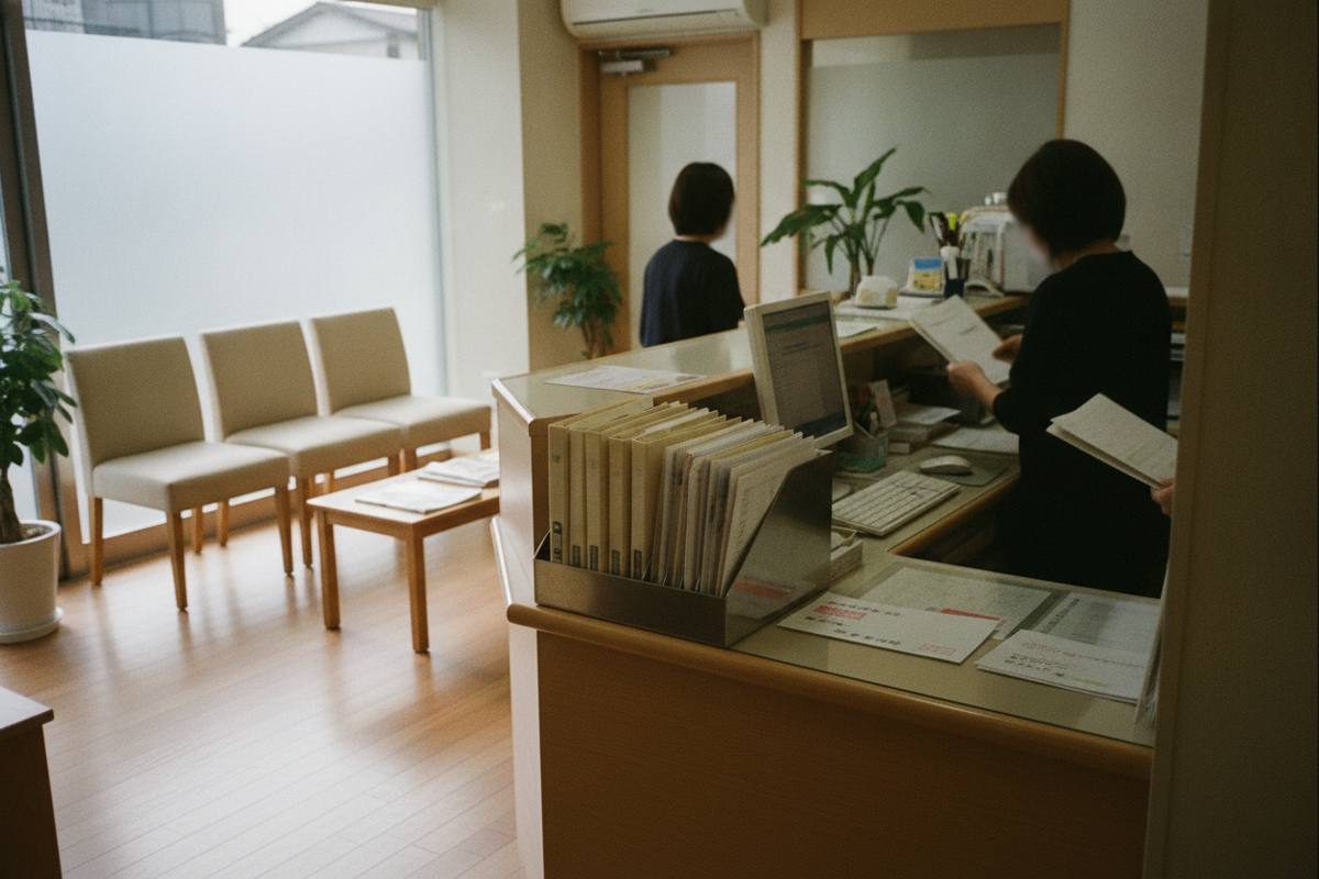 歯科医院の受付カウンターと無人の待合室
