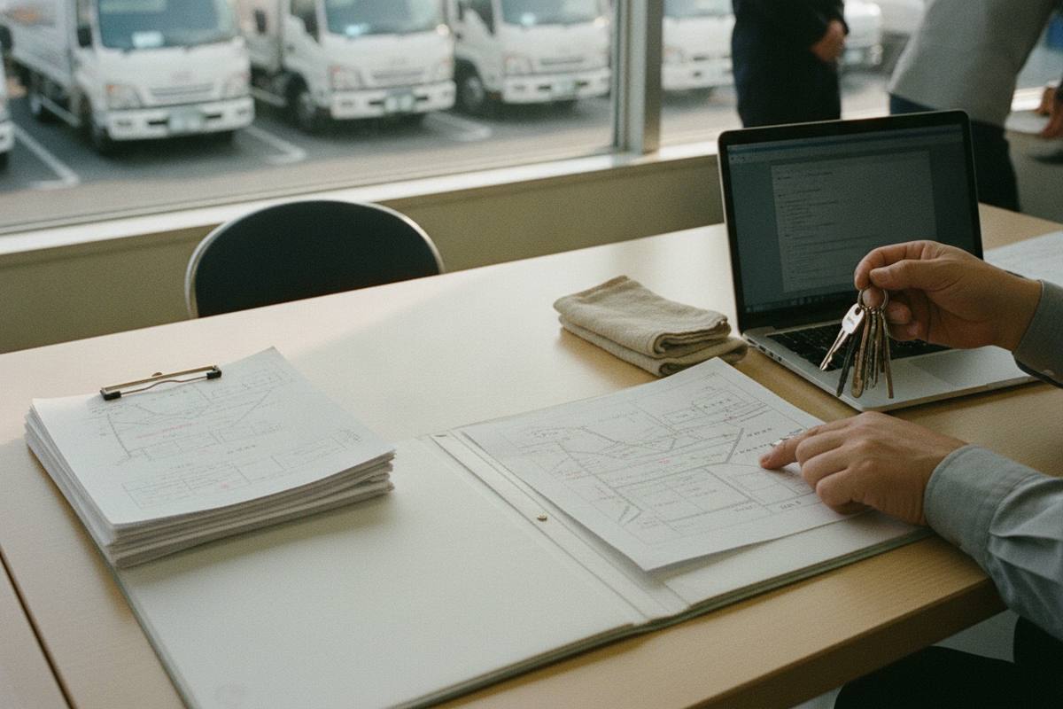 車両の鍵と運行資料を並べて入力する手元