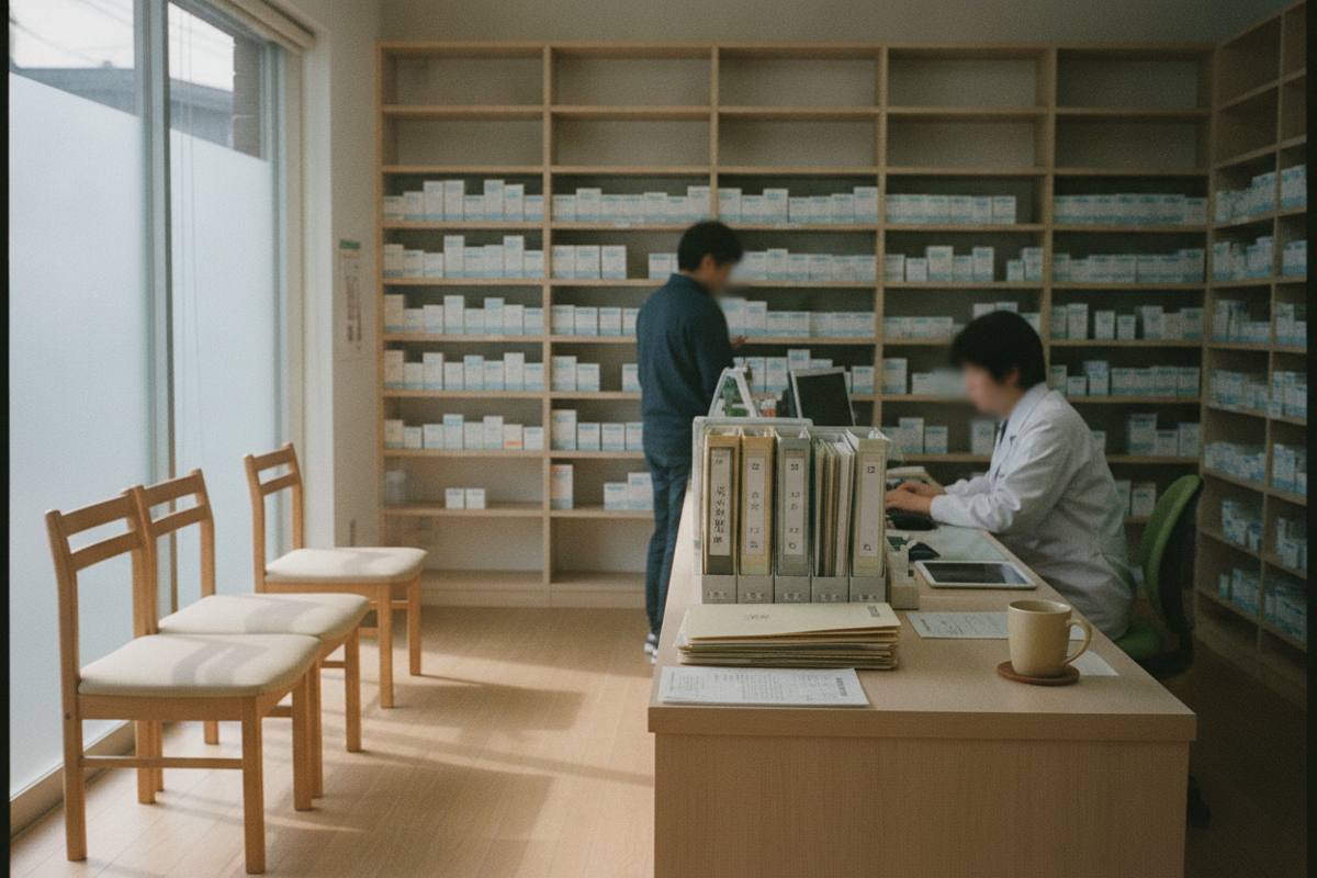 調剤薬局の受付台と薬の箱を収めた棚