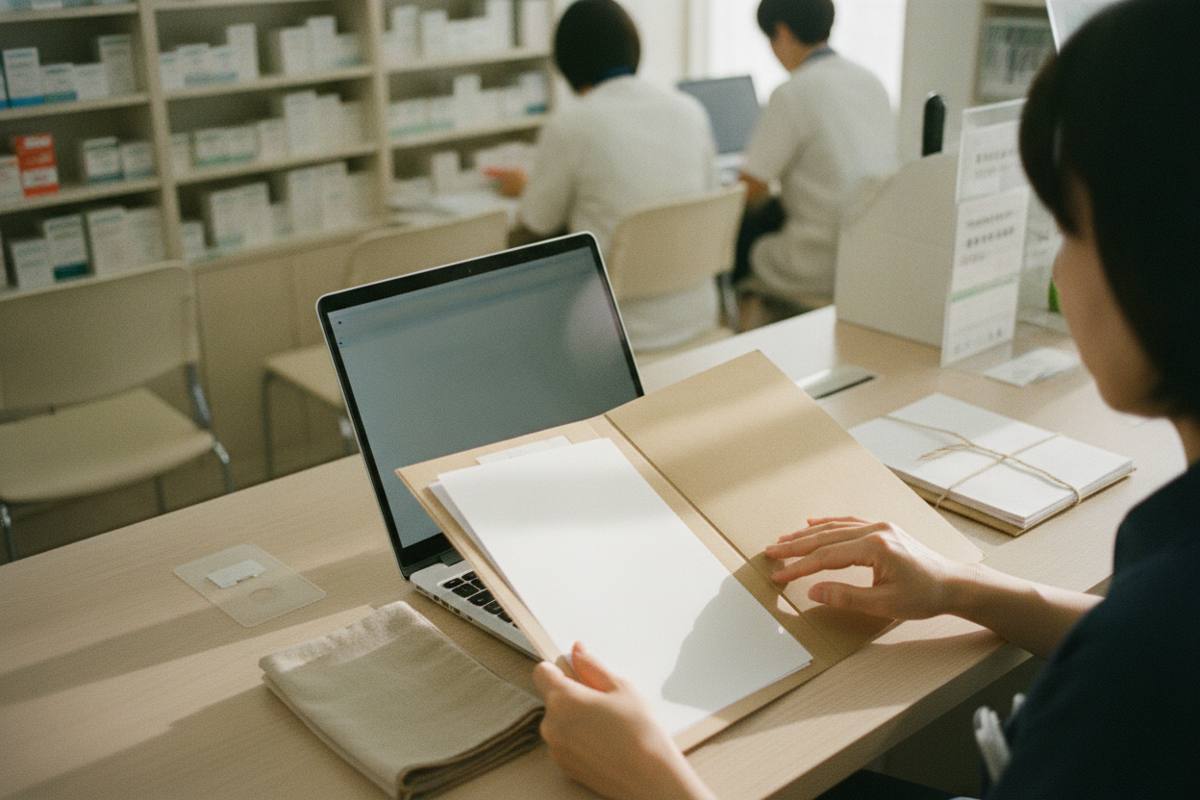書類を横に求人原稿を入力する手元