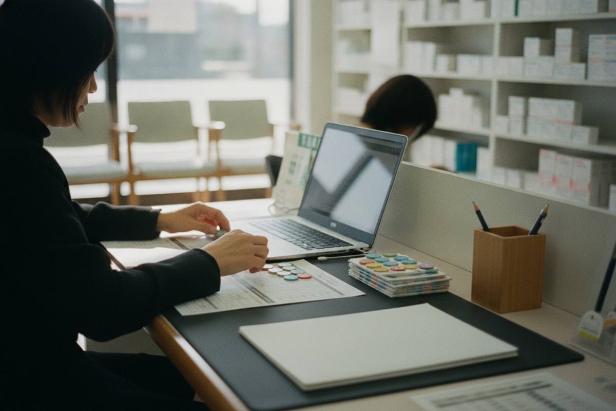 色付きの駒と勤務資料を並べる手元