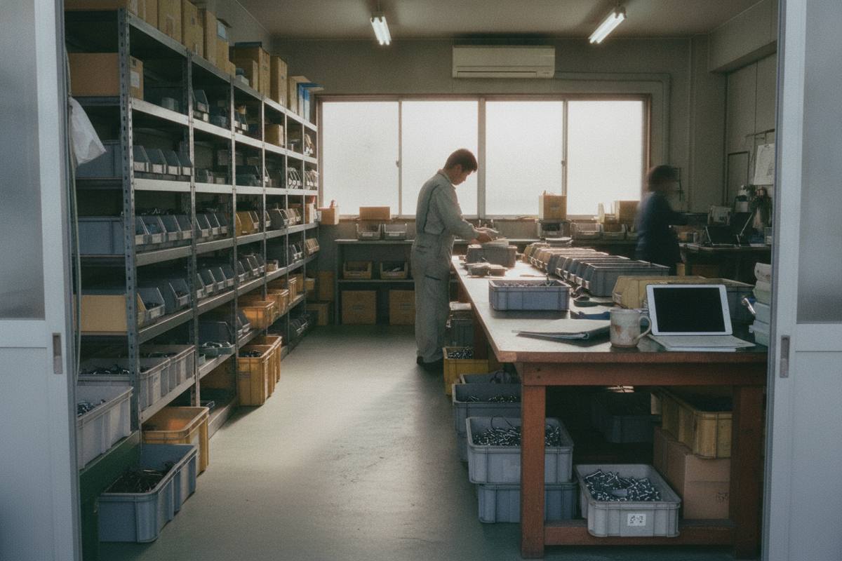 町工場の部品棚と部材を数えるための作業台