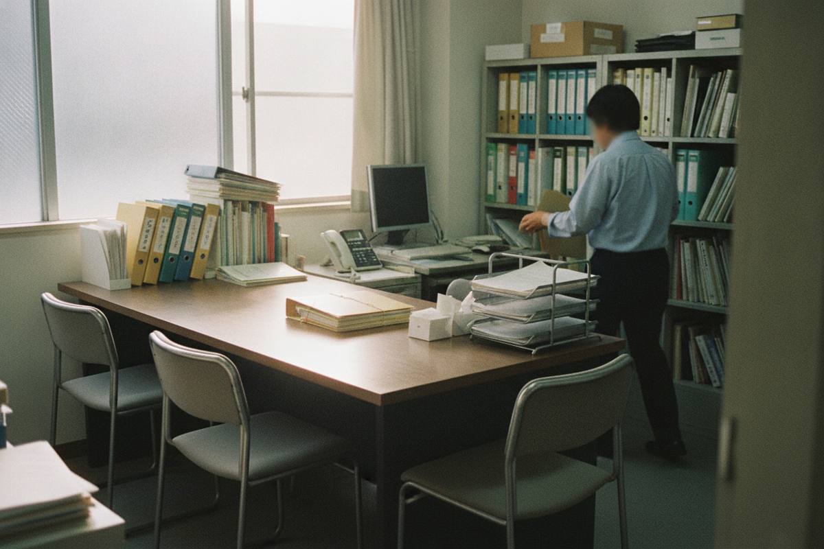 会計事務所の相談テーブルと資料の収納棚