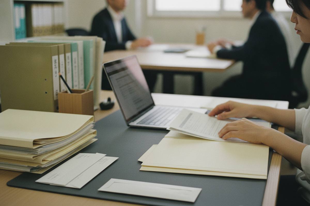 書類を横に求人原稿を入力する手元