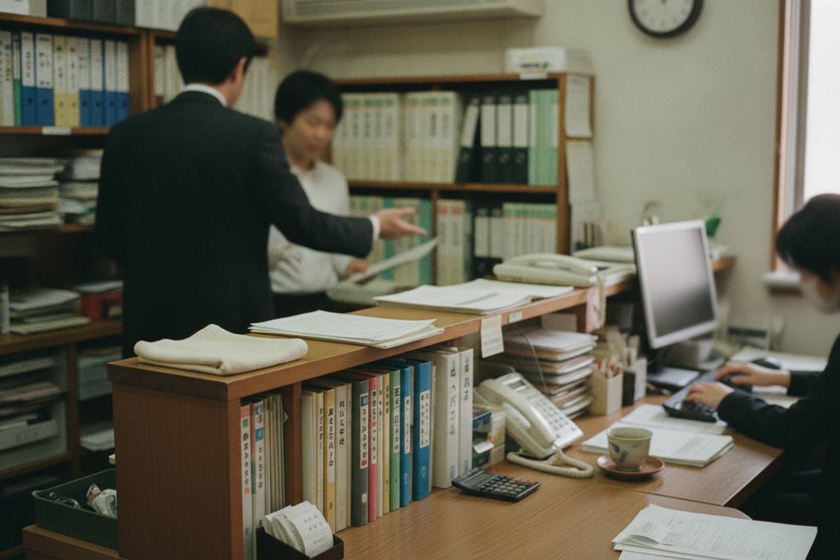会計事務所の相談テーブルと資料の収納棚